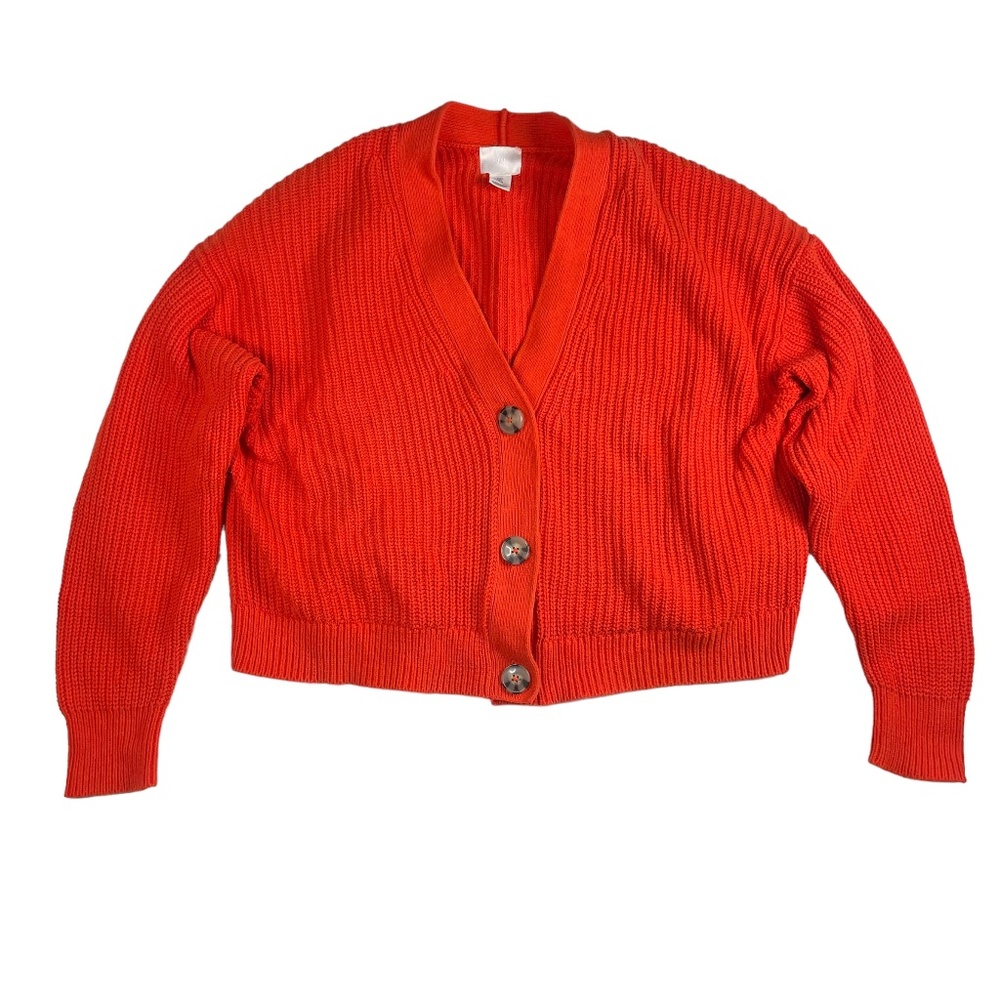 H&M Women Rib Knit Cardigan Sweater Big Button Orange Red Large